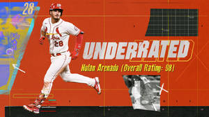 棒球運動員 Nolan Arenado 在帶有 'Underrated' 圖形疊加的動作中。