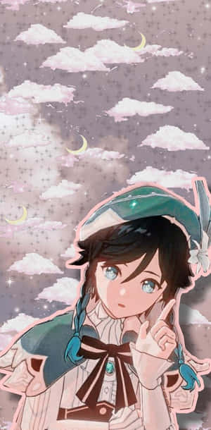 戴綠色帽子的動漫女孩指著星空中的粉紅色雲朵和新月。