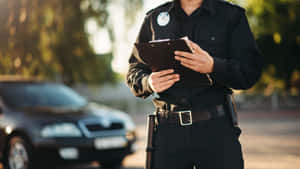警務人員在陽光普照的日子手持夾板站在汽車旁邊。