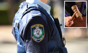 身穿制服的新南威爾斯州警員，內嵌法槌敲擊的圖片。