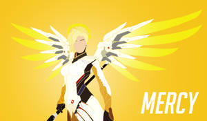 動漫角色 Mercy 帶有白色翅膀和黃色背景。