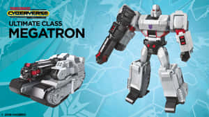 Ultimate Class Megatron 玩具在藍色六邊形背景前以機械人和坦克模式展示。