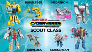 六個變形金剛 Cyberverse Scout Class 機械人玩具連名稱展示。 — 變形金剛 壁紙