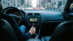 夜晚駕駛手動擋汽車穿過城市，外面有模糊的燈光。