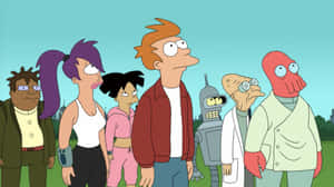 Futurama 角色站在草地上，背景有城市天際線。 — 乃出未來 壁紙