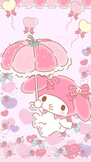 My Melody拿著草莓雨傘，周圍環繞著心形和草莓。 — 萌 壁紙