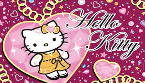 Hello Kitty 身穿金色連衣裙，在一個帶有珠寶和鏈條的粉紅色心形內。