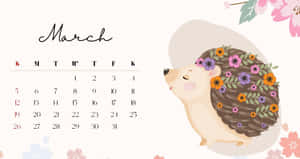 3月日曆，帶有微笑的刺蝟，配有花卉刺和櫻花點綴。
