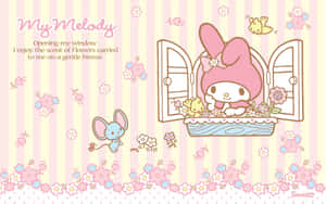 My Melody 在一個有鮮花和老鼠附近的窗台上。