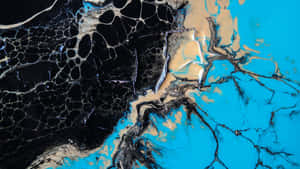 抽象流體藝術，帶有黑色、綠松石色和米色漩渦