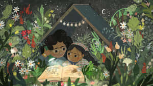 兩個孩子在星空下的樹屋裡閱讀一本發光的書。 — 午夜 壁紙