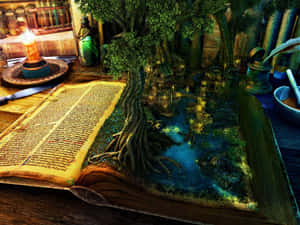 一本打開的書，從書頁中浮現出一個魔法森林場景。