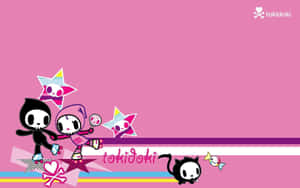 Tokidoki 卡通角色在粉紅色背景的星星上溜冰。