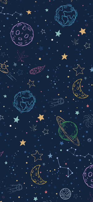 手繪太空場景，星球、星星和星座在深色背景上。