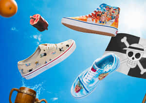 帶有 One Piece 角色的 Vans 運動鞋在天空中漂浮，配有水果和海盜旗。