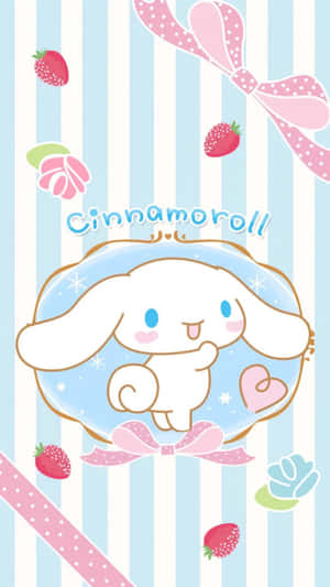 Cinnamoroll兔子角色，帶有粉紅色蝴蝶結和草莓，背景為條紋。