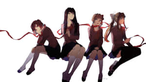 四個穿著校服的動漫女學生坐成一排，手持紅色絲帶。