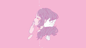 擁有紫色頭髮的動漫女孩漂浮在粉紅色空間中，雙手靠近臉龐。