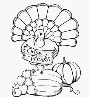 火雞拿著 Give Thanks 標語牌，配南瓜和蘋果