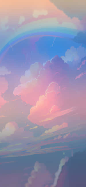 粉彩天空有粉紅色雲同彩虹拱起喺地平線上。