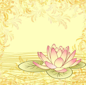 粉紅蓮花在荷葉上，金色花卉邊框，黃色背景 — 花卉動畫 壁紙