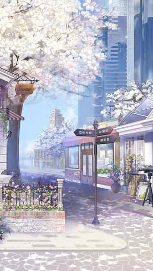櫻花框住了一條古色古香的街道，背景有電車和現代建築。 — 粉紅動漫美學 壁紙