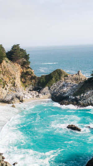 藍綠色的海浪拍打著岩石懸崖，岸邊有松樹。 — 沙灘 壁紙