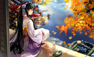 穿著和服的動漫女孩在池塘邊享受落葉下的茶。 — 動漫風景 壁紙