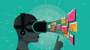 戴著VR頭戴式顯示器的人與浮動的數位螢幕互動。