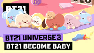 BT21角色以嬰兒形態在地毯上睡覺，附近有玩具。