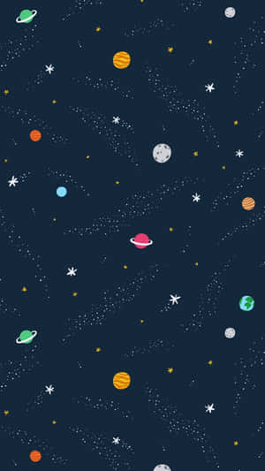 一個異想天開的卡通太空場景，有行星、星星和宇宙塵埃。