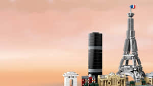 LEGO巴黎天際線，艾菲爾鐵塔和法國國旗在日落時分。