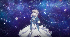 動漫女孩穿著藍白連衣裙，在星光燦爛的宇宙空間中漂浮，伴有發光的球體。