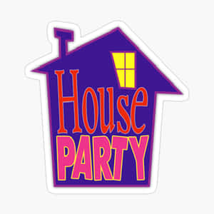 紫色房屋貼紙，帶有「House Party」文字和發光窗戶。