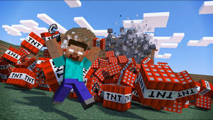Minecraft角色喺草地上被爆炸嘅TNT方塊包圍。