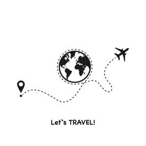 旅行圖標，飛機從圖釘飛到地球儀的路徑，附有文字 Let's TRAVEL — 旅行 壁紙