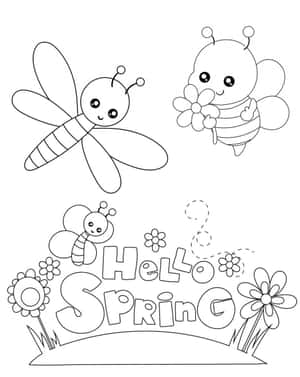 Hello Spring 問候語，卡通蜜蜂和蜻蜓在花朵間飛翔。