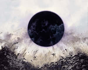 一顆黑暗行星懸浮在貧瘠的荒地上，骷髏鳥在霧中飛翔。