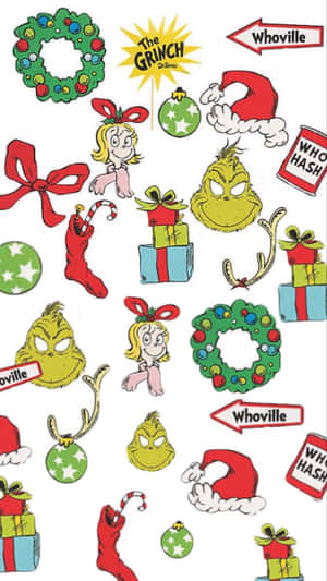 帶有花環、禮物和Whoville標誌的Grinch聖誕圖案。