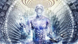 一個發光的人形人物，在宇宙數位藝術場景中帶有螺旋眼睛和能量圖案。 — 靈性動態圖 壁紙