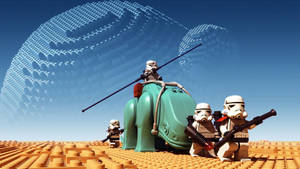 LEGO 風暴兵在巨大的 LEGO 死星下巡邏磚塊沙漠。