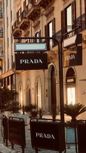 黃昏時分的Prada奢侈品店，溫暖的燈光和盆栽植物在鵝卵石街道上。
