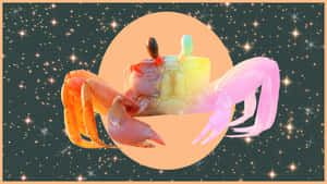 一隻色彩繽紛的蟹漂浮在滿天星斗的宇宙場景中，背後有一個發光的桃色圓圈。