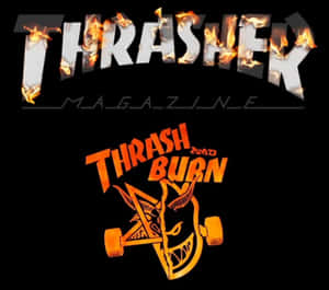 Thrasher 雜誌標誌，帶有火焰和魔鬼風格的滑板圖案。