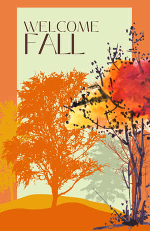 暖色調的秋樹，綠色背景上帶有「Welcome Fall」文字。
