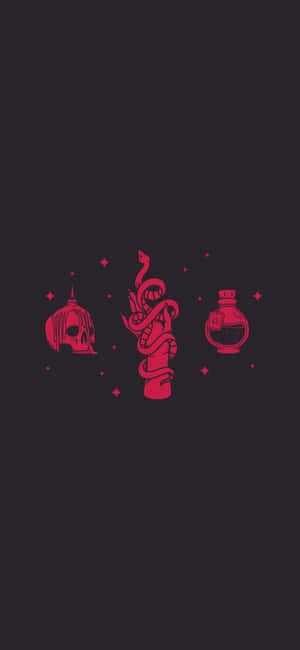 深色背景上的紅色神秘符號，包括骷髏瓶、盤蛇和藥水瓶。