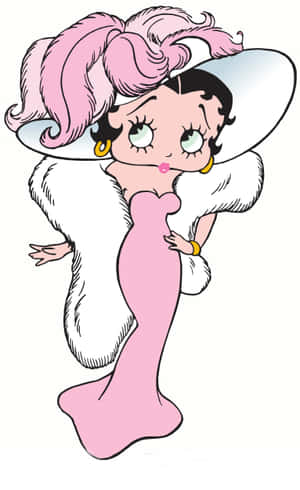 Betty Boop 身穿粉紅色連衣裙和白色毛皮披肩，戴著大帽子，調皮地眨眼。 — Pixel Tablet 壁紙