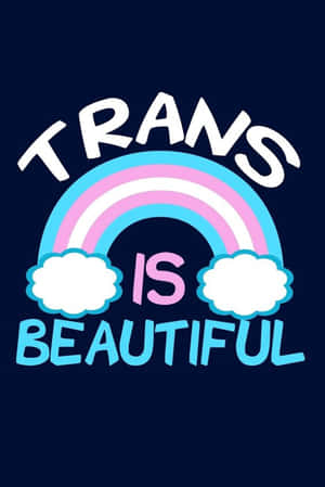 深藍色背景上帶有彩虹和雲朵的Trans is beautiful文字圖形。