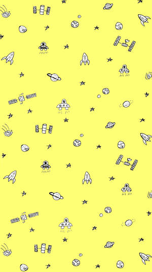 黃色背景上繪有火箭、太空船、行星和星星的黑色線條畫。