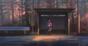 穿著校服的動漫女孩在雨林中的巴士站等待黃昏。